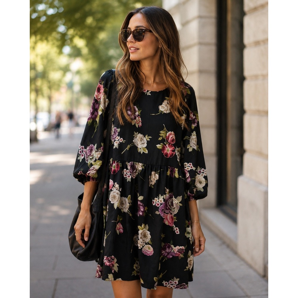 ASOS Curve Sz 16 Dress Babydoll Black Floral Long Sleeve Round Neck Knee Length